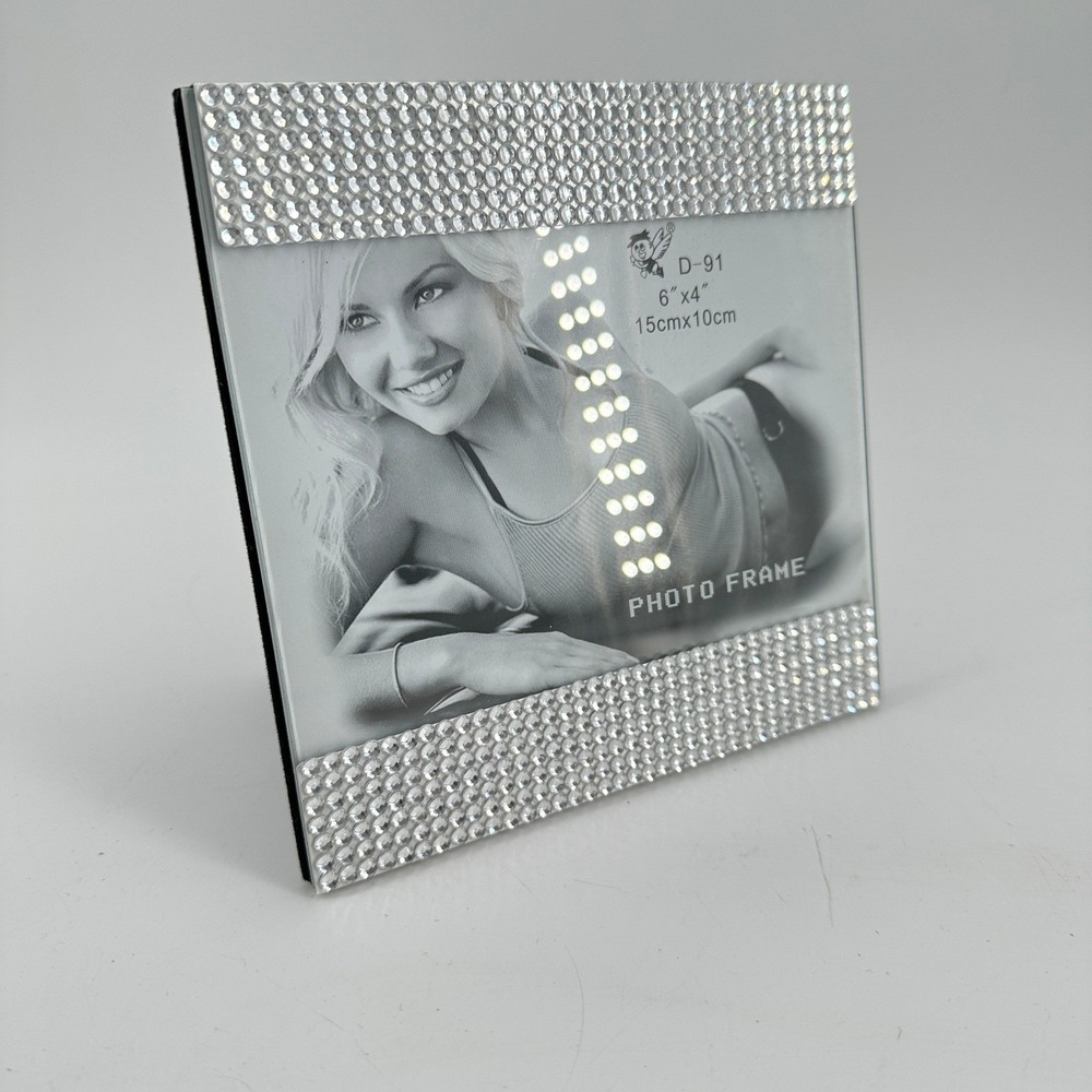 Modern Glass Photo Frame with Rhinestone Borders for 6x4 Picture Silver Tone